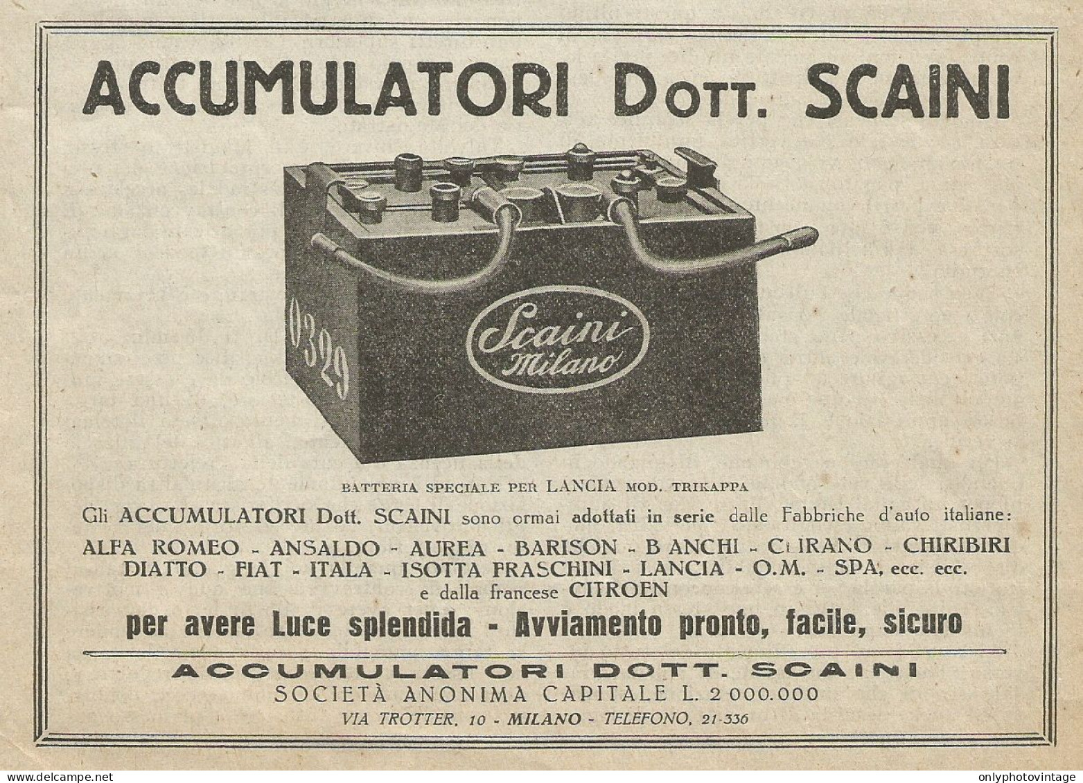 Accumulatori Per Auto SCAINI - Pubblicità 1927 - Advertising - Reclame