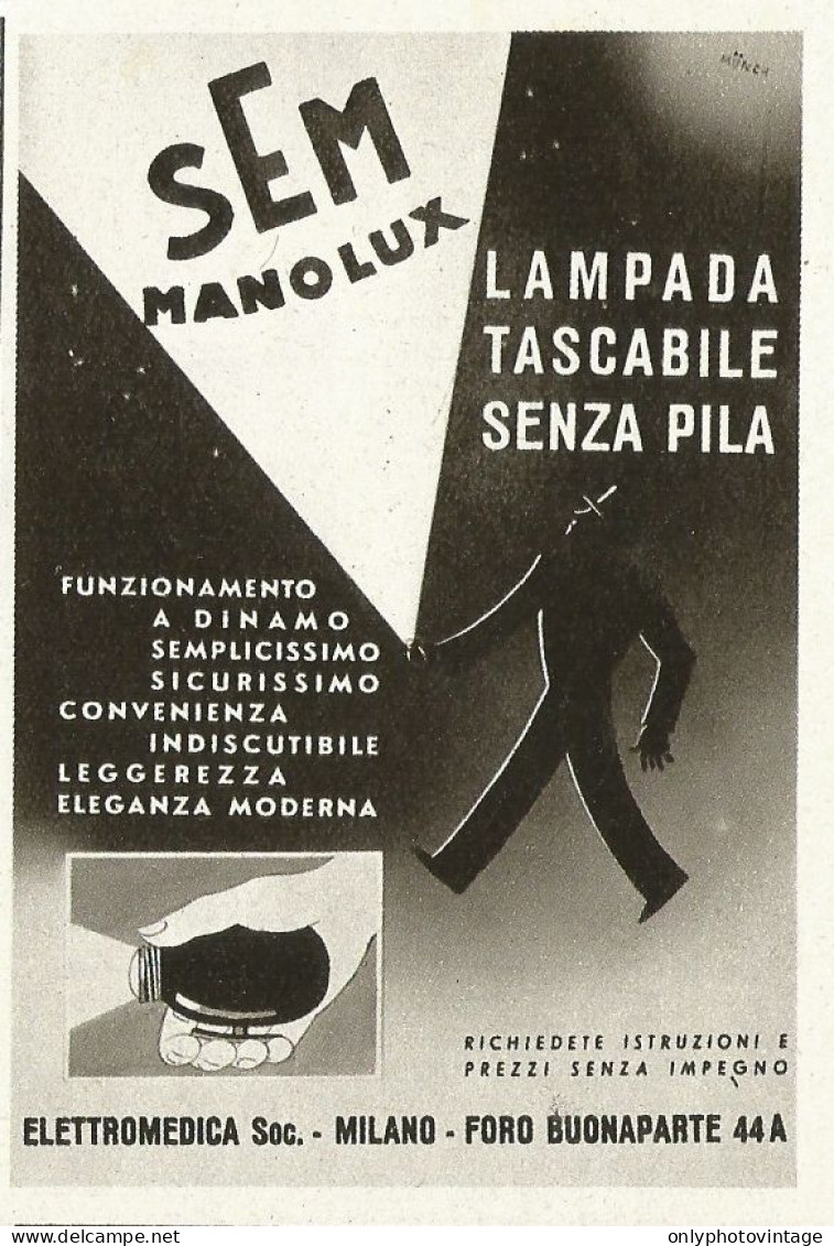 Lampada Tascabile Senza Pila Sem Manolux - Pubblicità 1940 - Advertising - Publicités