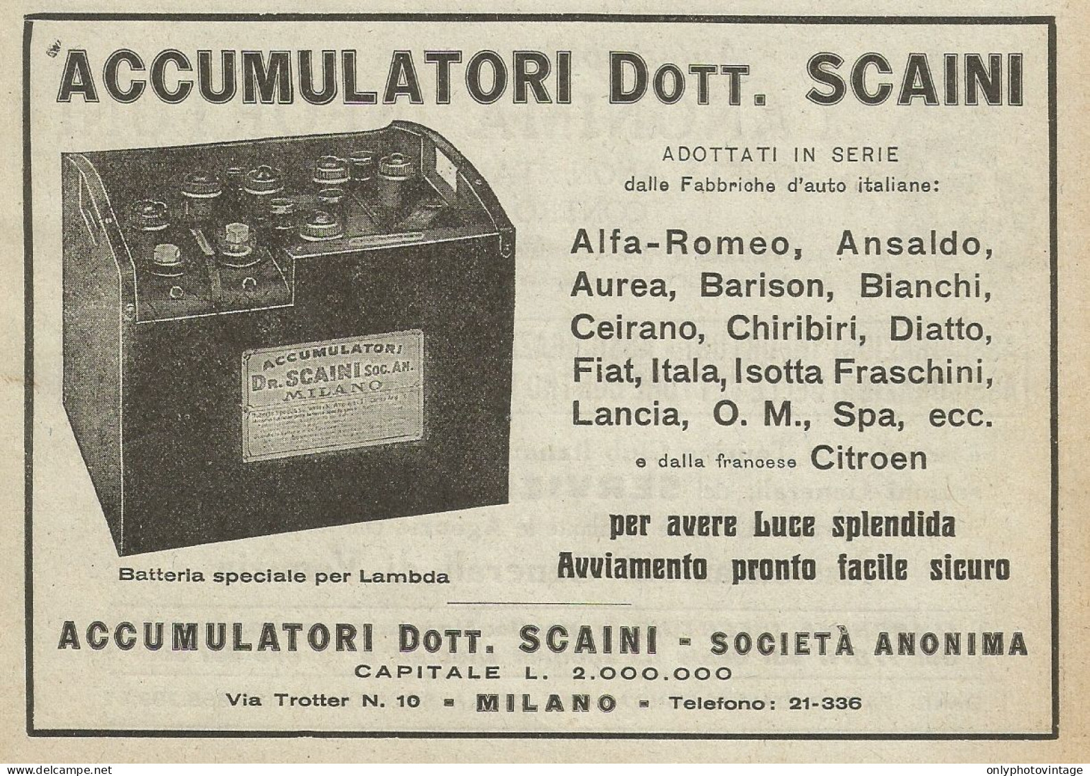 Accumulatori Per Auto SCAINI - Pubblicità 1925 - Advertising - Publicités