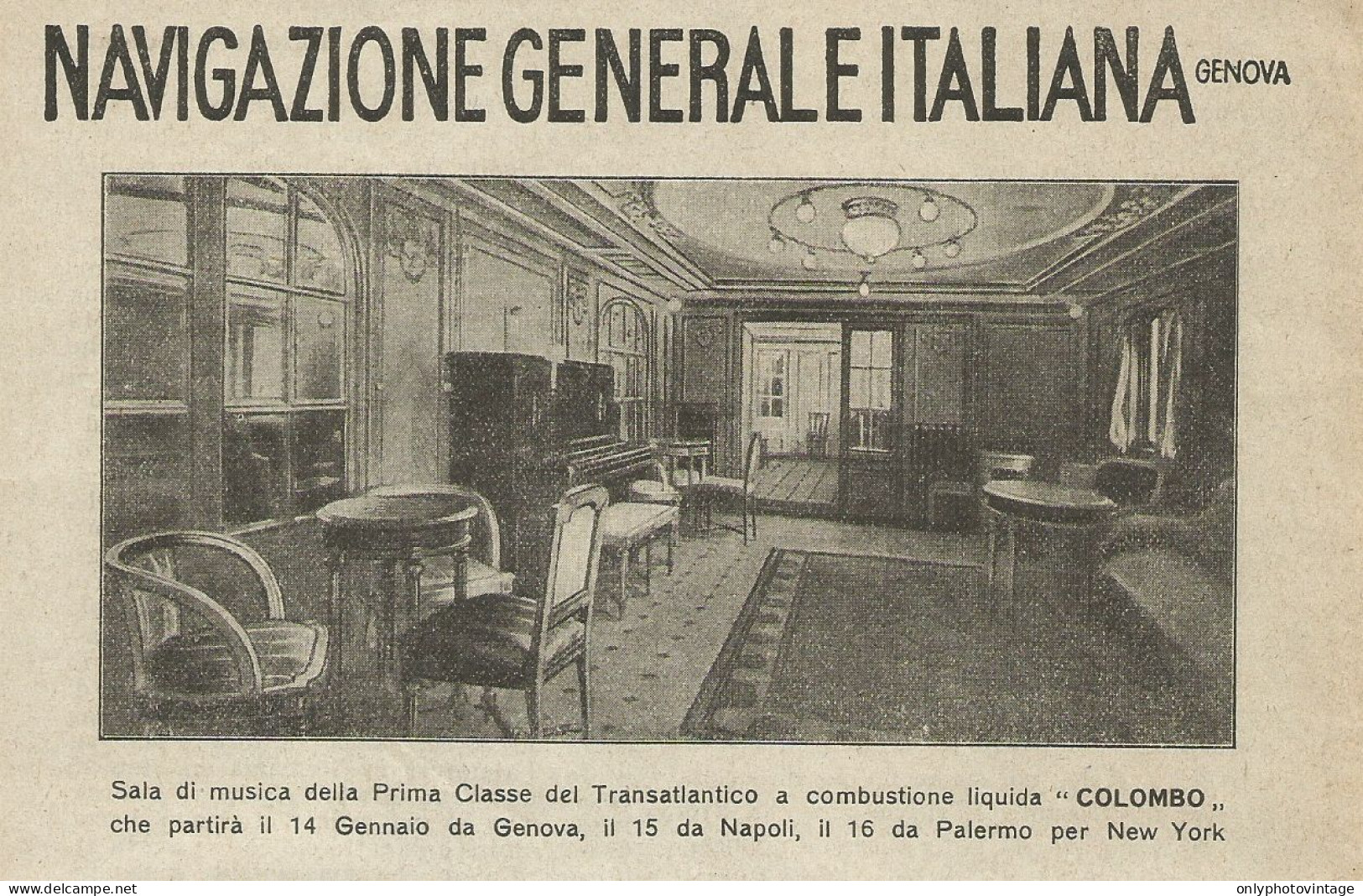 N.G.I. Transatlantico COLOMBO Sala Musica 1° Classe - Pubblicità 1925 - Advertising