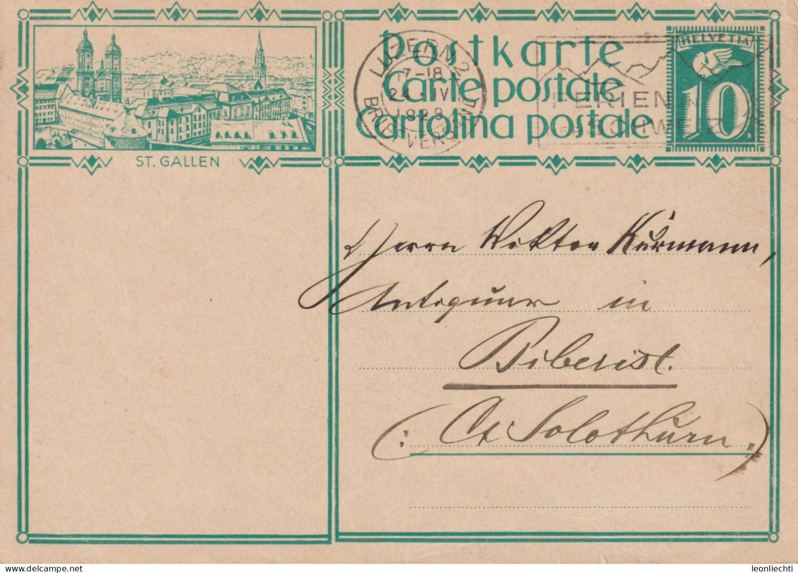 1928 Ganzsache Zum:115-015, ST.GALLEN10 Cts. Grün ⵙ LUZERN 2, Flagge: FERIEN IN DER SCHWEIZ - Enteros Postales