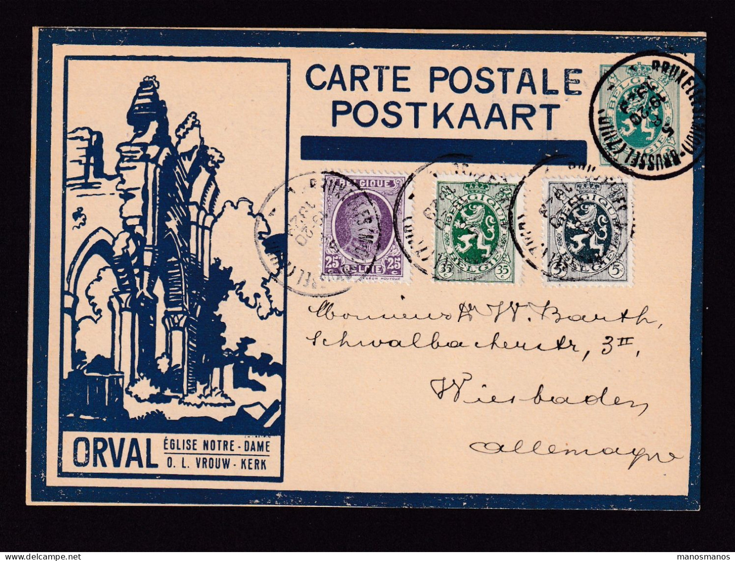 107/41 - Carte Illustrée ORVAL Verte Foncé SANS Ange - BRUXELLES 1929 Vers WIESBADEN Allemagne - Geïllustreerde Briefkaarten (1971-2014) [BK]