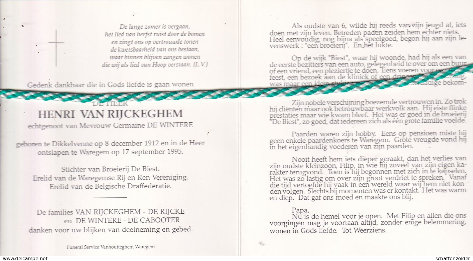 Henri Van Rijckeghem-De Wintere, Dikkelvenne 1912, Waregem 1995. Stichter Broeierij De Biest. Foto - Obituary Notices