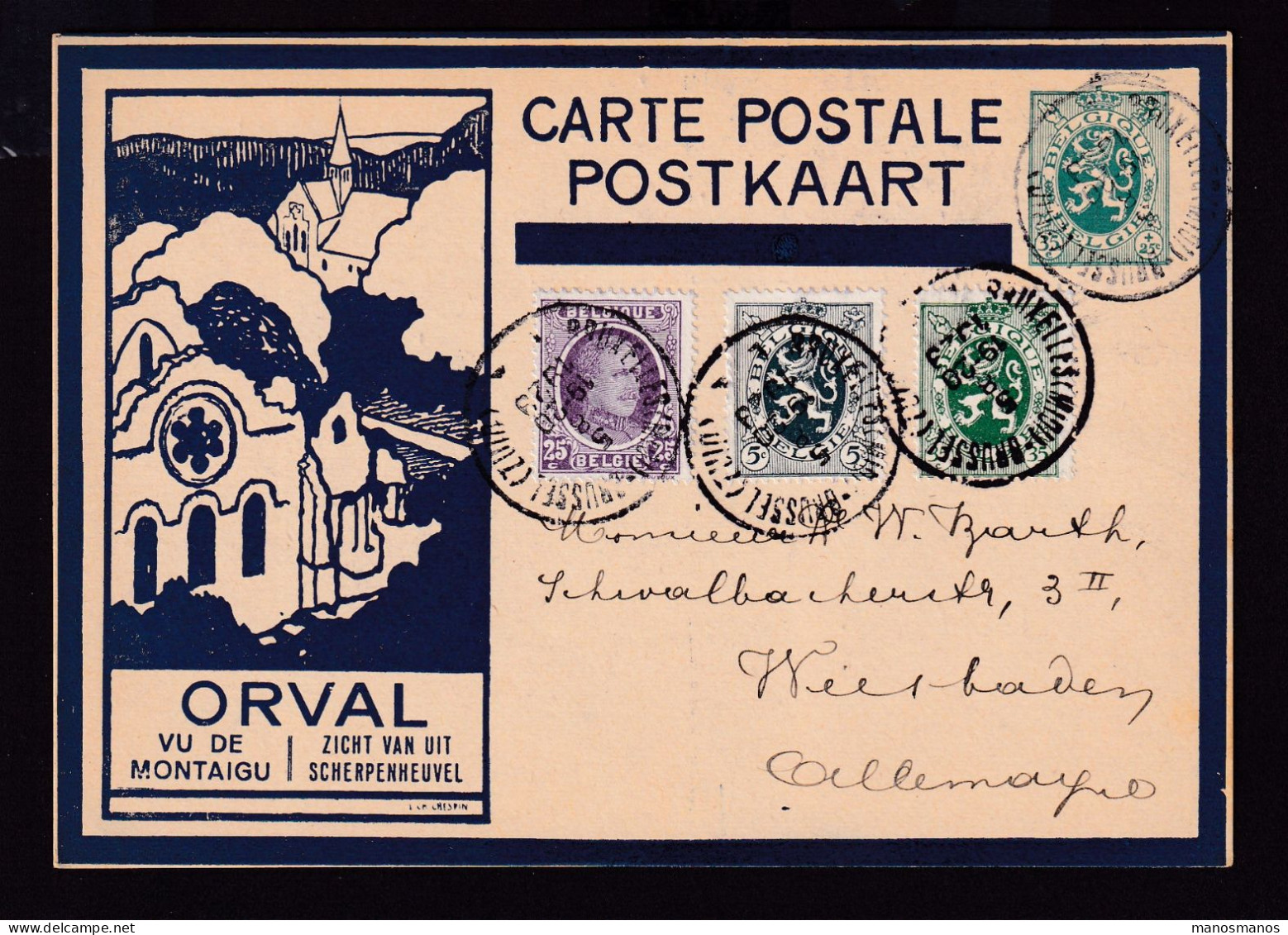 108/41 - Carte Illustrée ORVAL Bleue Foncé SANS Ange - BRUXELLES 1929 Vers WIESBADEN Allemagne - Cartes Postales Illustrées (1971-2014) [BK]