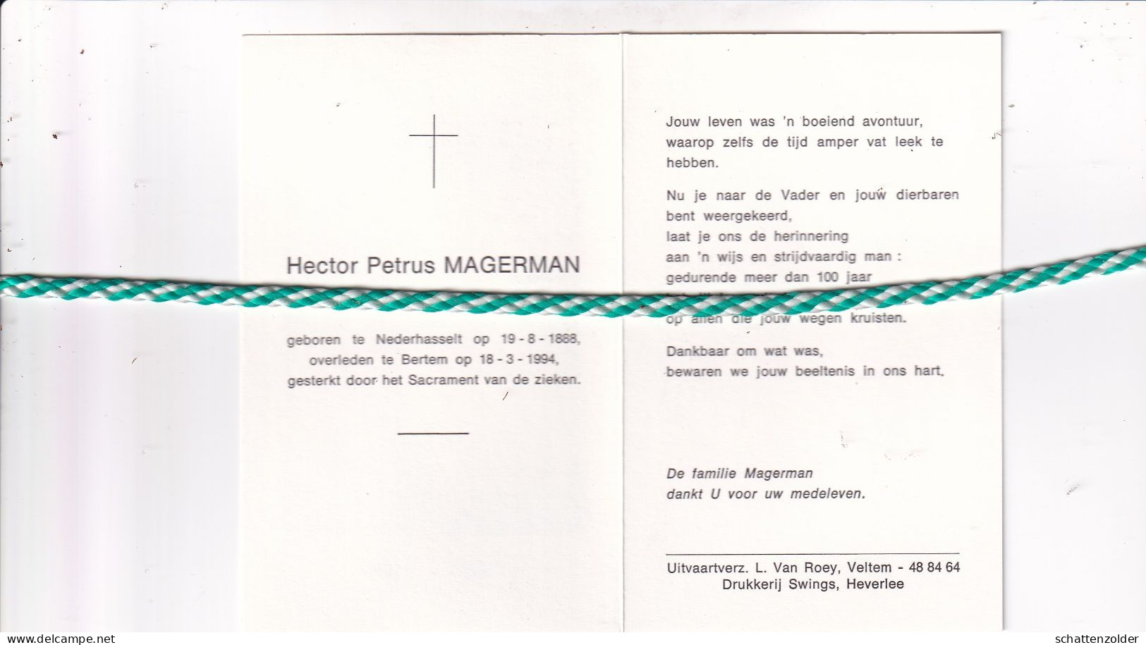 Hector Petrus Magerman, Nederhasselt 1888, Bertem 1994. Honderdjarige. Foto - Obituary Notices