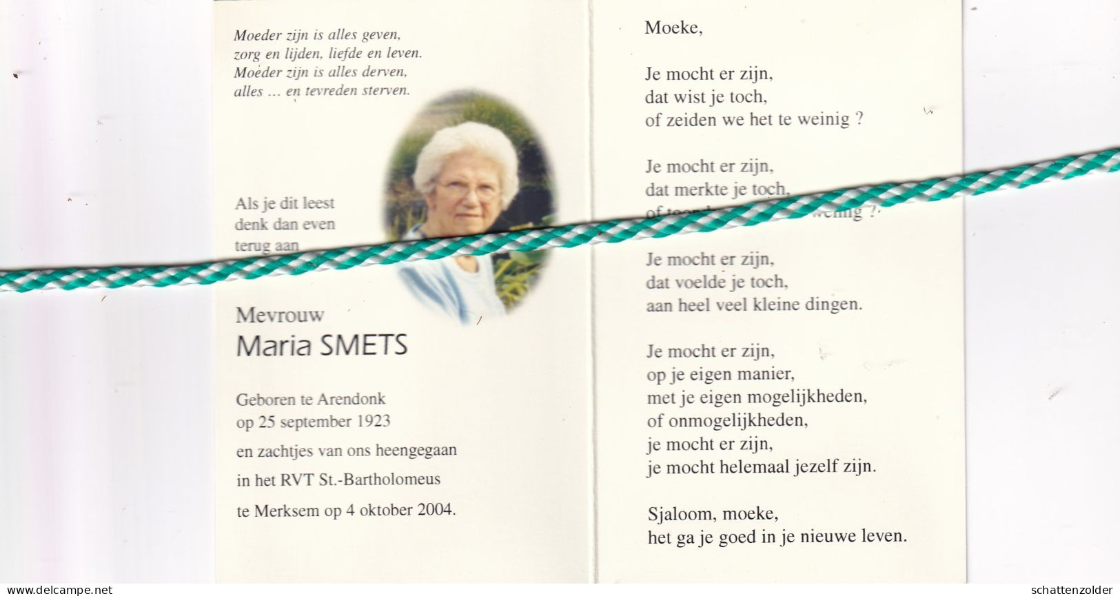 Maria Smets, Arendonk 1923, Merksem 2004. Foto - Todesanzeige