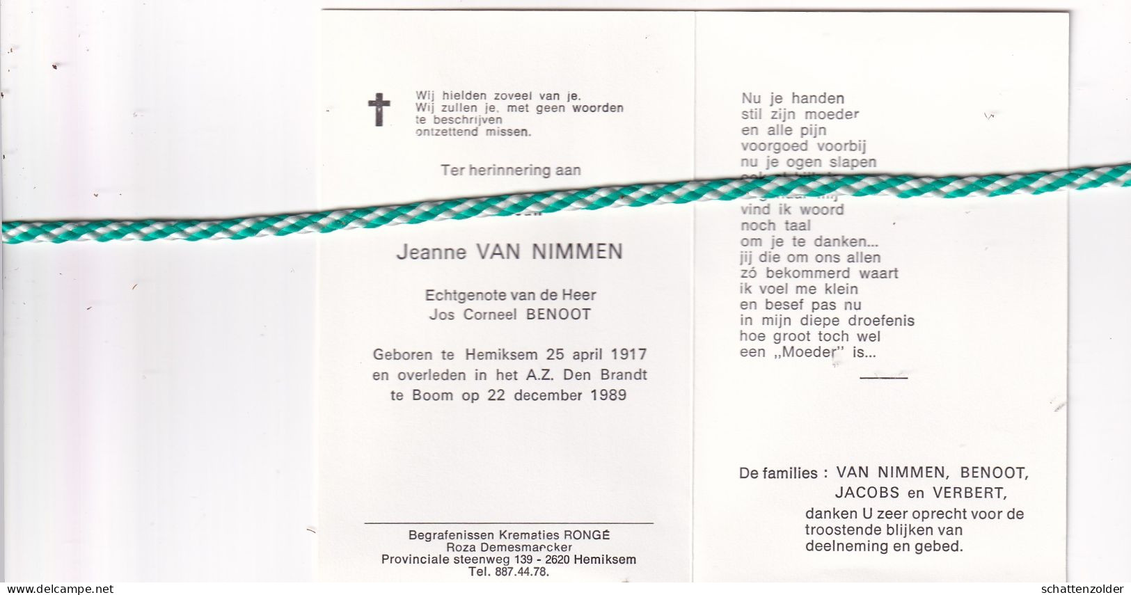 Jeanne Van Nimmen-Benoot, Hemiksem 1917, Boom 1989 - Todesanzeige