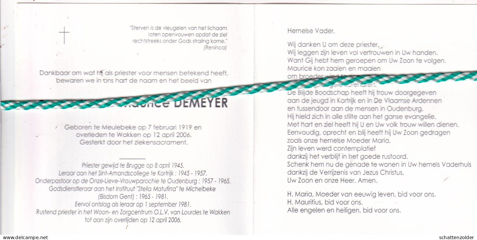 Priester Maurice Demeyer, Meulebeke 1919, Wakken 2006. Kortrijk,Oudenburg,Michelbeke. Foto - Obituary Notices