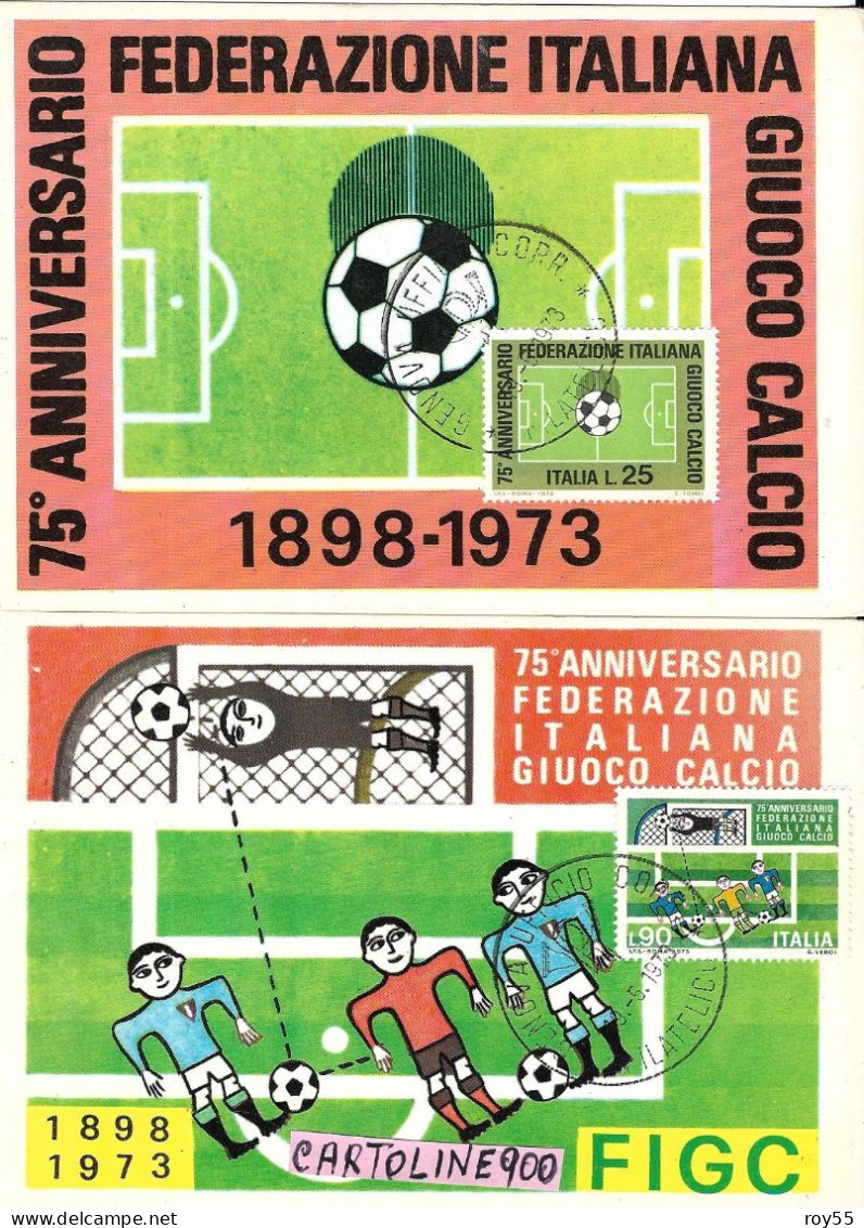 Sport Calcio 75°anniversario Federazione Italiana Giuoco Calcio Le 2 Cartoline Maximum Del 1973 (v.retro) - Fussball