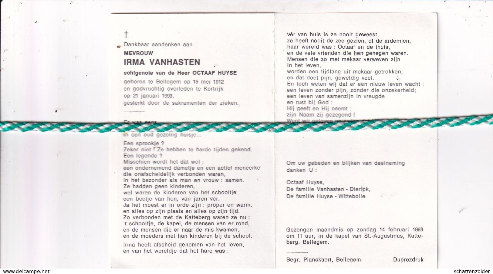 Irma Vanhasten-Huyse, Bellegem 1912, Kortrijk 1993 - Obituary Notices
