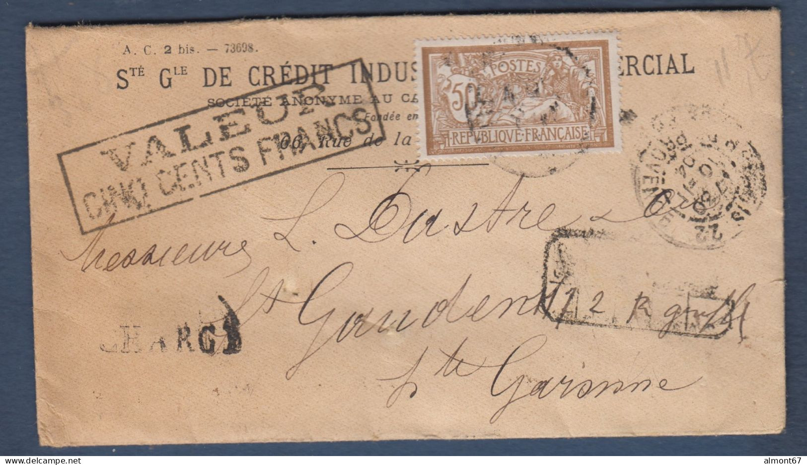 Merson 50c Sur Enveloppe Chargée - Lettres & Documents