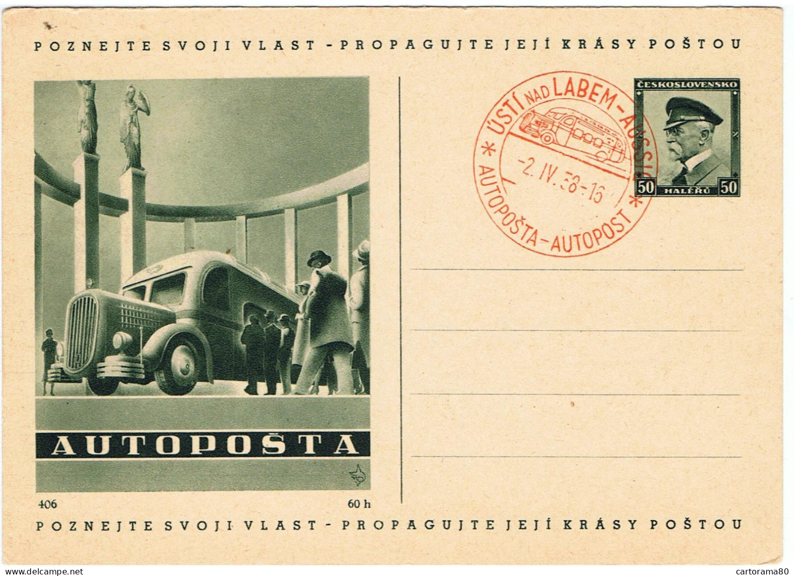 Tchécoslovaquie / "Autoposta", Bureau De Poste Automobile / Oblitération De Usti Nad Labem-Aussig De 1938 - Postkaarten