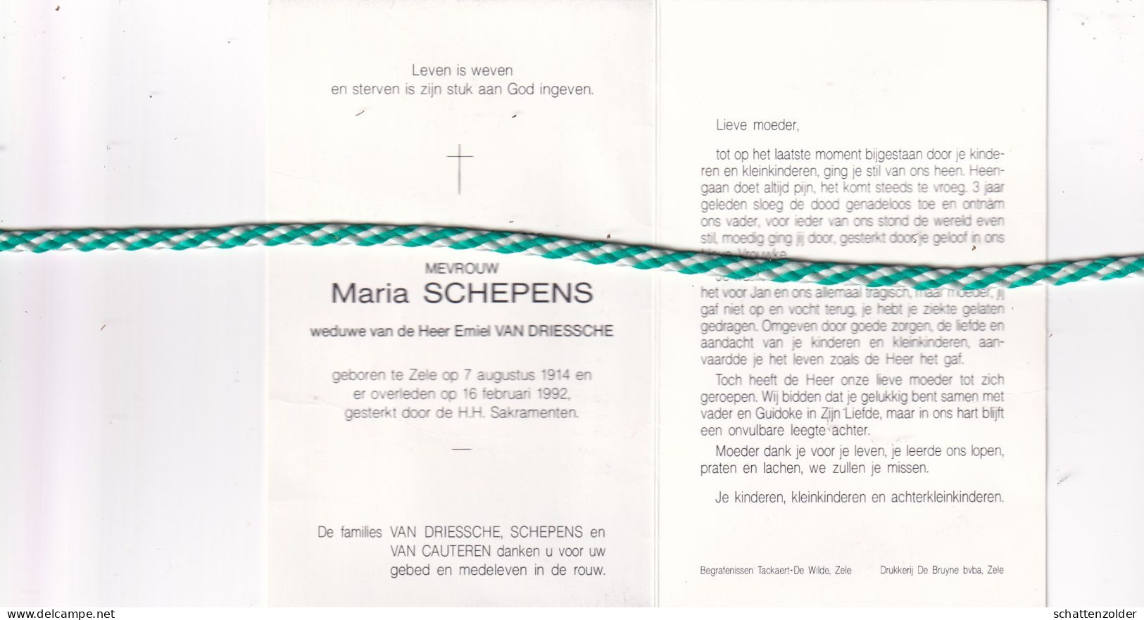 Maria Schepens-Van Driessche, Zele 1913, 1992. Foto - Obituary Notices