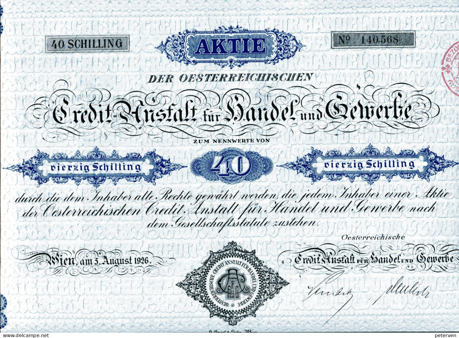 Oesterreichische CREDIT-ANSTALT Für HANDEL Und GEWERBE; Aktie Zu 40 Schilling - Bank & Insurance
