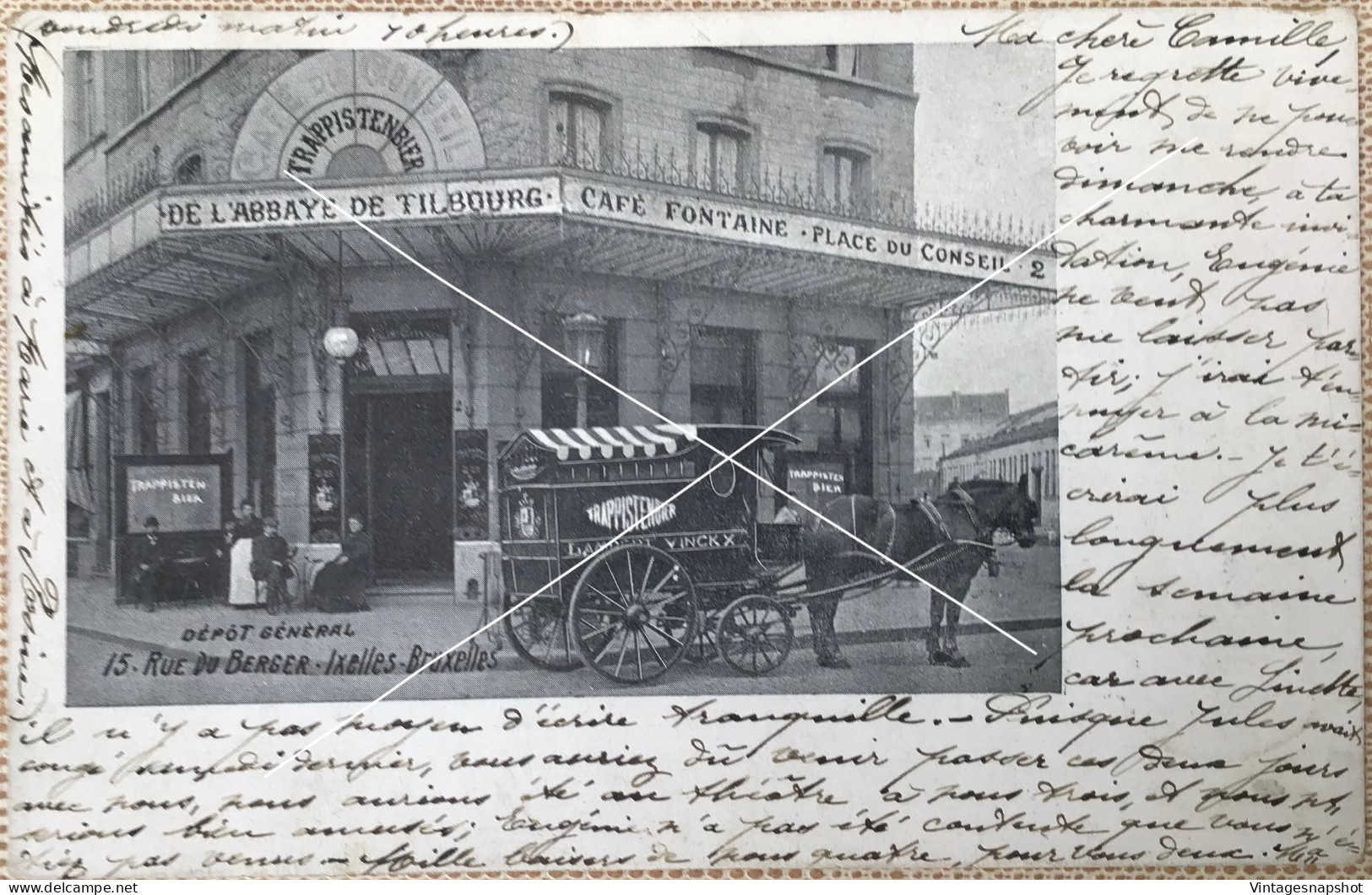 BRUXELLES BRUSSEL ANDERLECHT Café Fontaine Place Du Conseil Pub Brasserie Lambert-Vinkx Attelage CPA PK Postée En 1904 - Cafés, Hotels, Restaurants