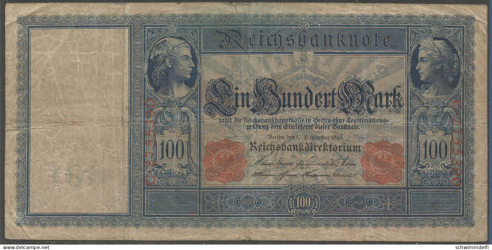 DEUTSCHLAND - GERMANY - ALEMANIA - 100 MARK 1909 - GEBRAUCHT - USADO - USED - 100 Mark
