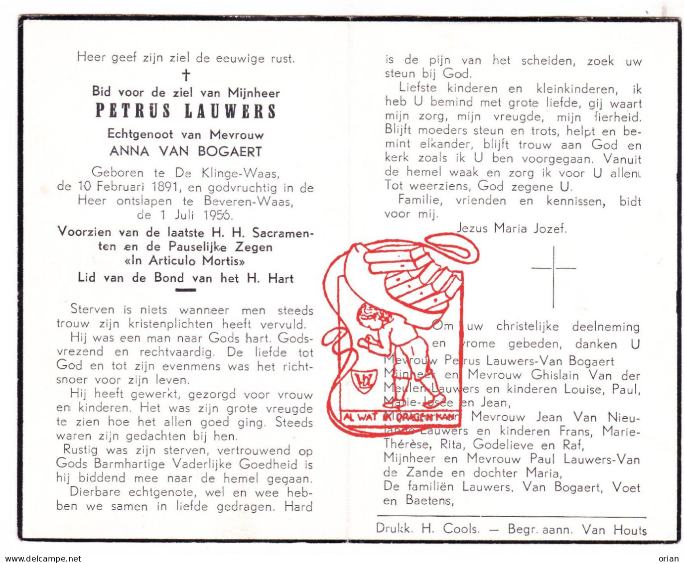 DP Petrus Lauwers ° De Klinge St-Gillis-Waas 1891 † Beveren 1956 Van Bogaert Der Meulen Nieulande De Zande Baetens Voet - Andachtsbilder