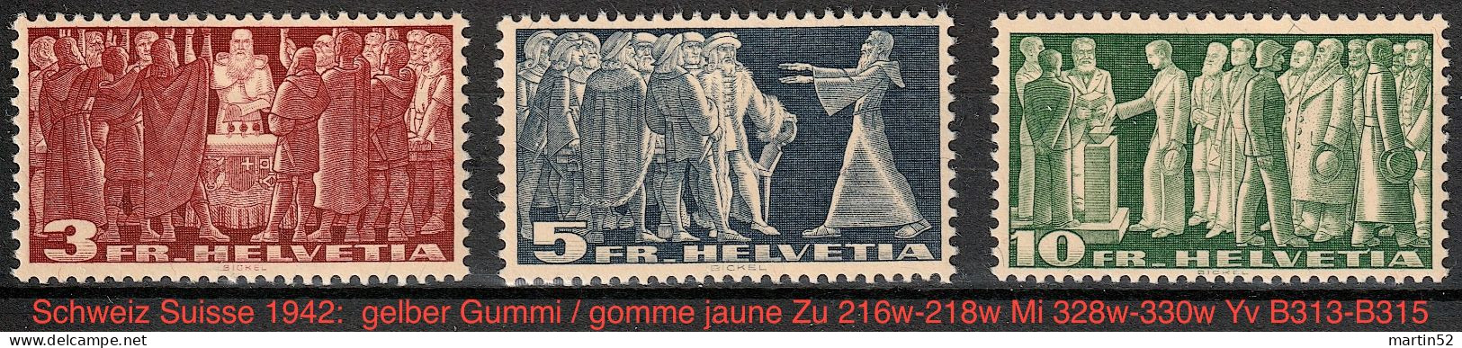 Schweiz Suisse 1942: Gelber Gummi+papier Et Gomme Jaune Zu 216w-218w Mi 328w-330w Yv B313-B315 ** MNH (Zu CHF 260.00) - Unused Stamps