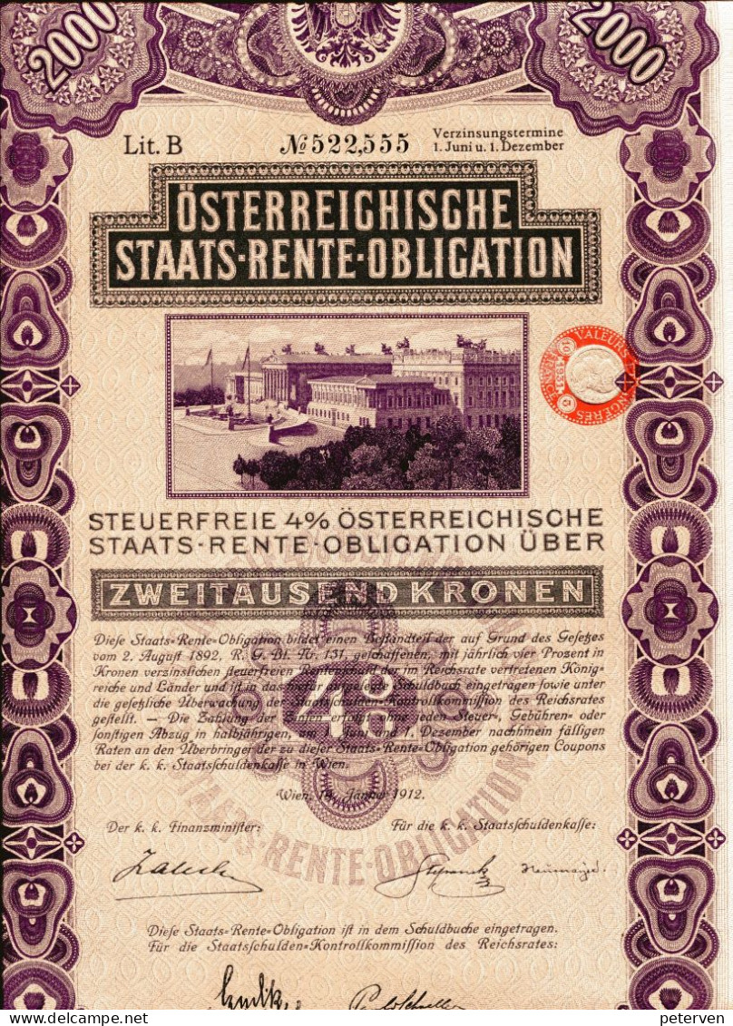 Österreichische STAATS-RENTE-OBLIGATION Von 1912 - Bank En Verzekering