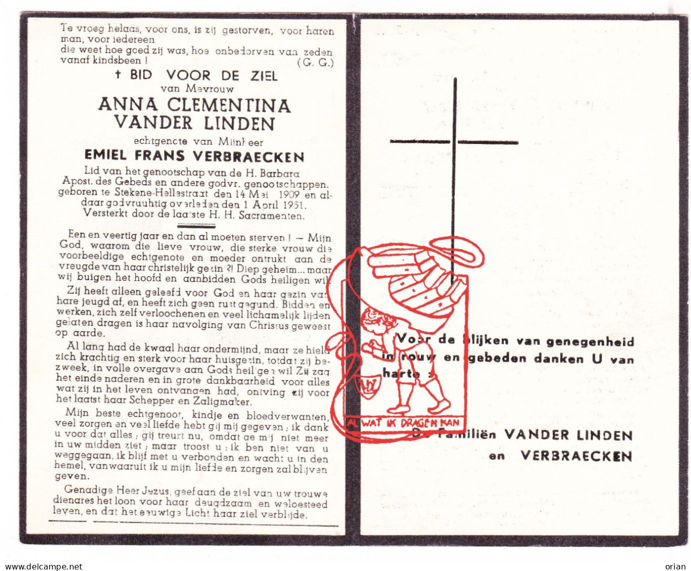 DP Anna Clementina Vander Linden 42j. ° Hellestraat Stekene 1909 † 1951 X Emiel Verbraecken - Andachtsbilder