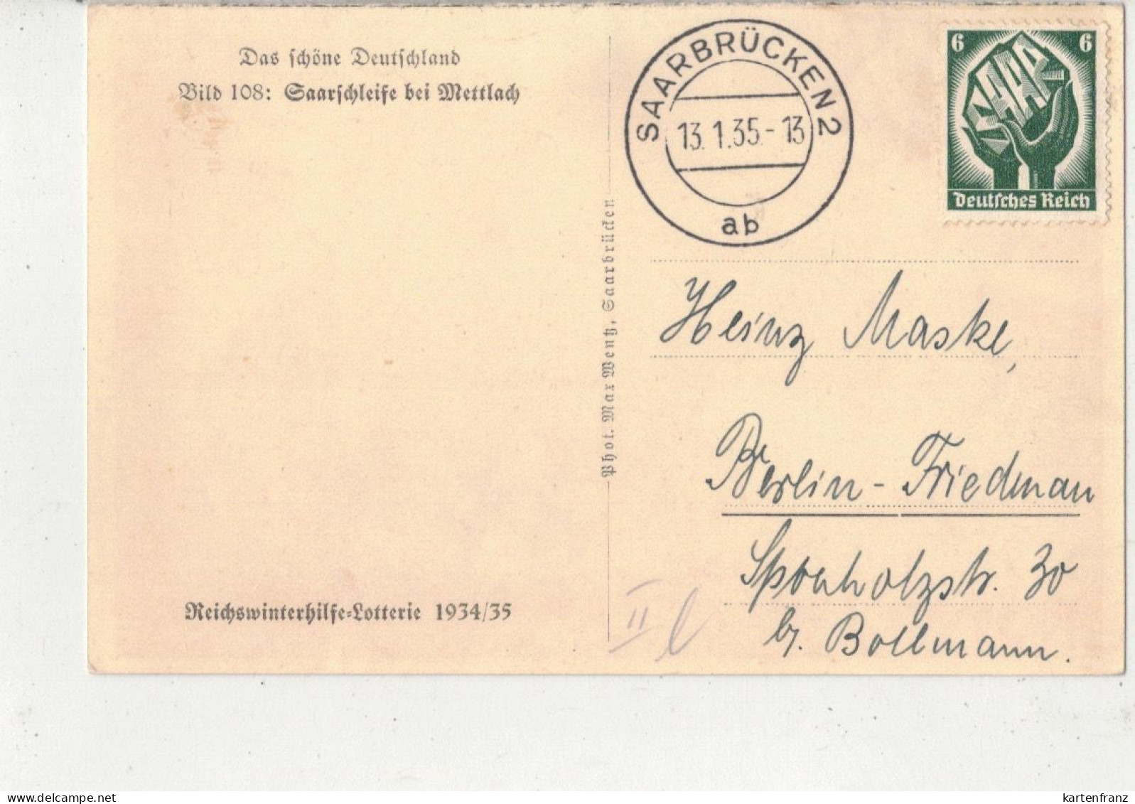 Bildpostkarte Ganzsache Postkarte WHW DR P 254 - Bild 108 Saarschleife Mettlachl / Ohne Wst. ! O Ersttag Abstimmung 1935 - Altri & Non Classificati