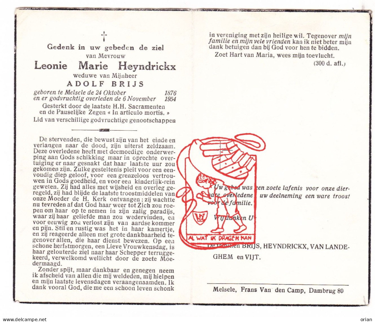 DP Leonie Marie Heyndrickx ° Melsele Beveren-Waas 1876 † 1954 X Adolf Brijs // Van Landeghem Vijt - Andachtsbilder
