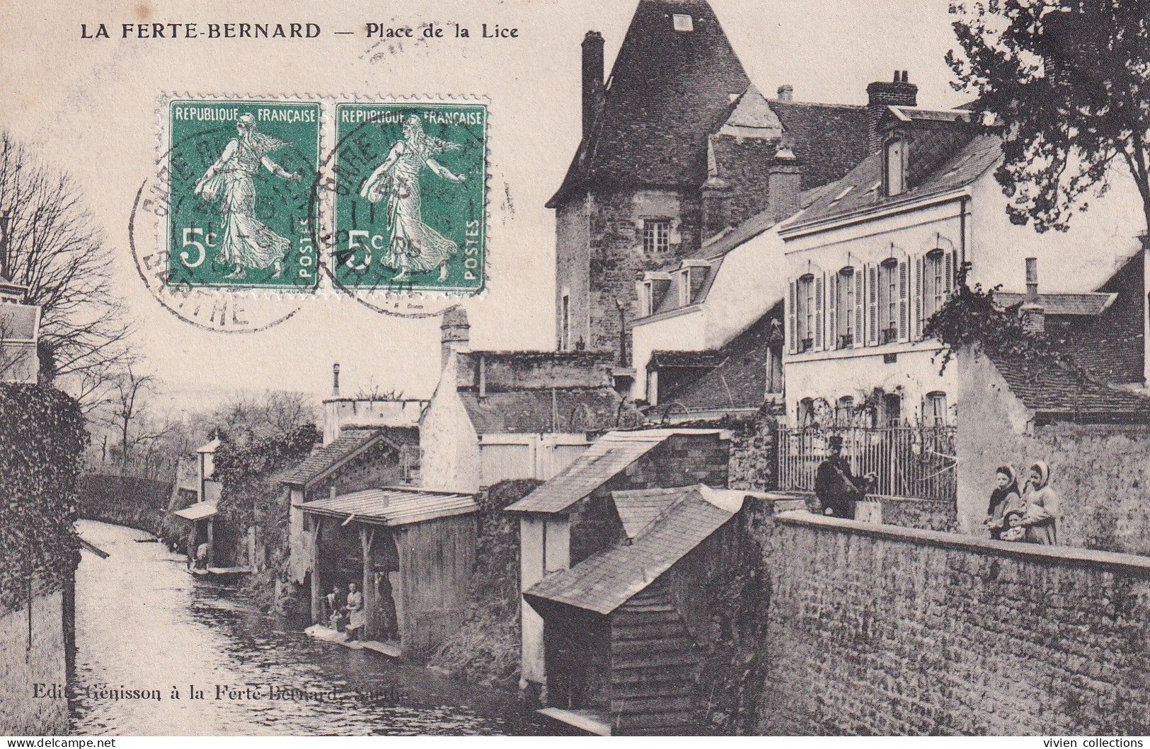 La Ferte Bernard (72 Sarthe) Place De La Lice - Facteur Lavoirs - édit. Génisson Circulée 1909 Cachet Gare De La Ferte - La Ferte Bernard