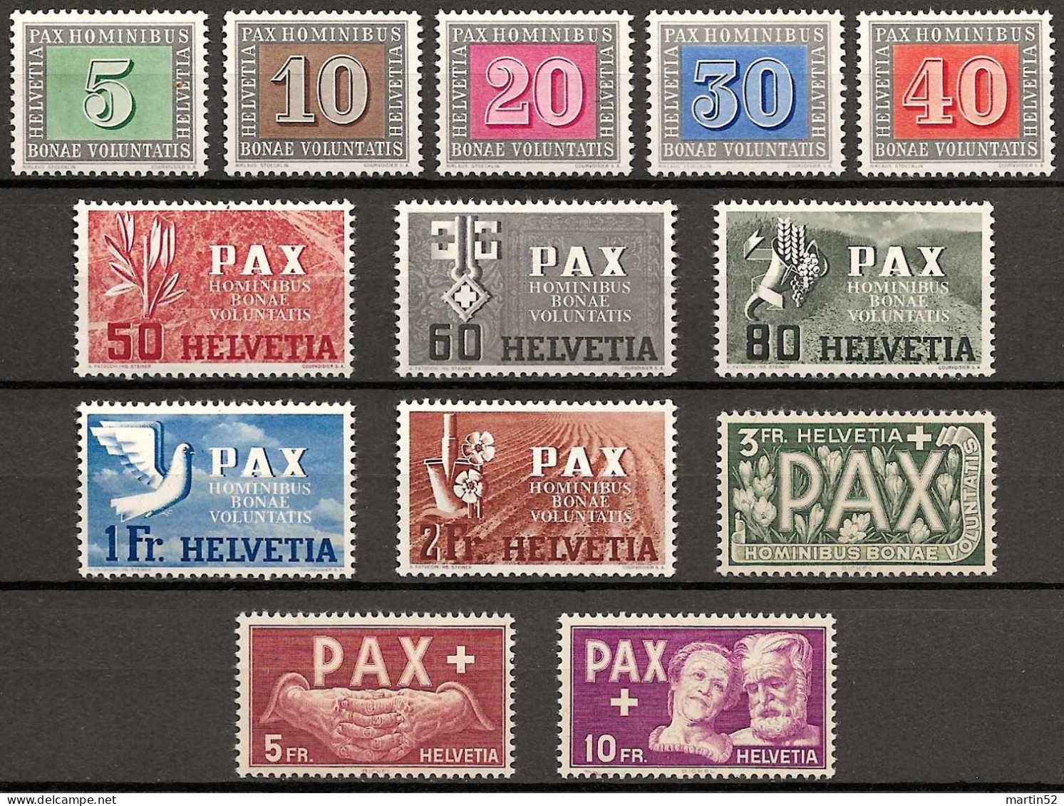 Schweiz Suisse PAX HOMINIBUS BONAE VOLUNTATIS1945: Zu 262-274 Mi 447-459 Yv 405-417 ** MNH (Zumstein CHF 430.00) - Gebraucht