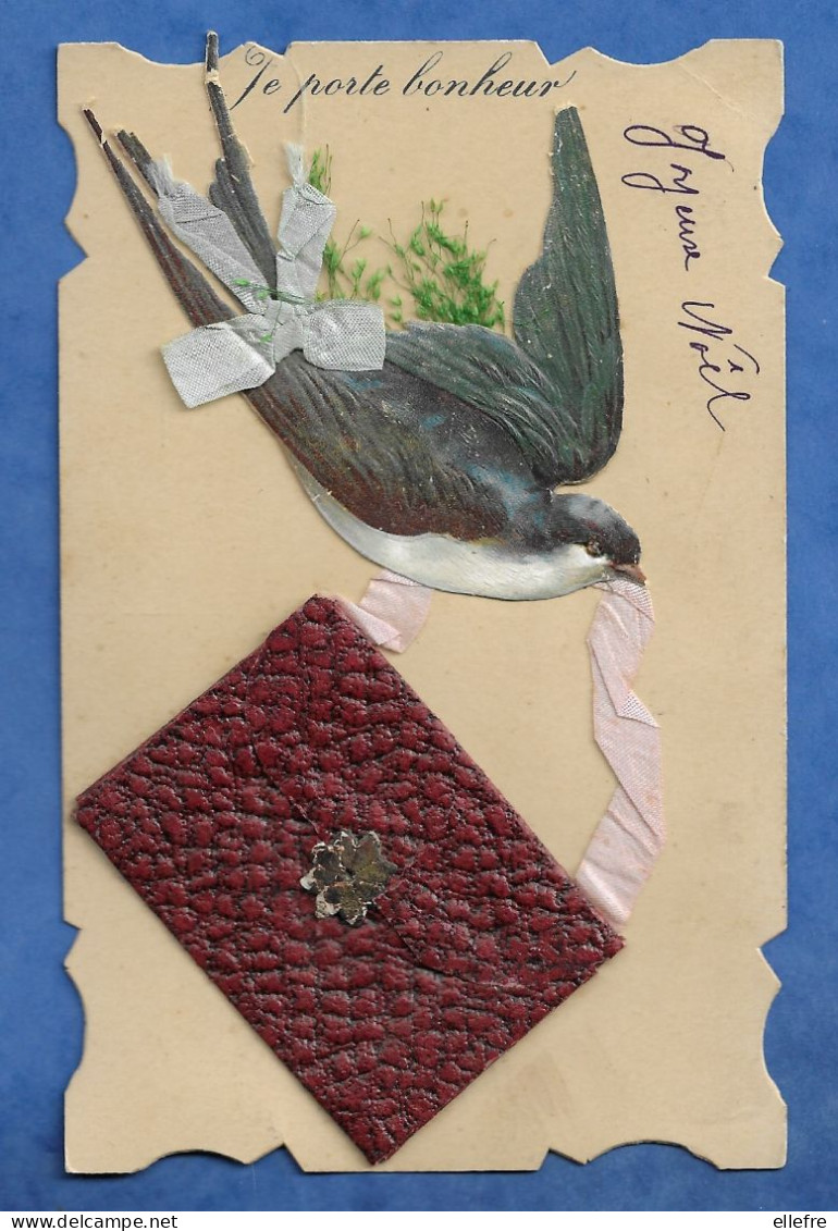 CPA Fantaisie Découpi Hirondelle Bleue Je Porte Bonheur Ruban Soie Petite Sacoche Vide - Envoyée Pour Noel 1905 - Cartoline Con Meccanismi