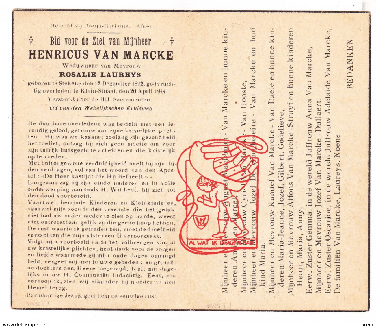 DP Henricus Van Marcke ° Stekene 1872 † Klein-Sinaai 1944 Laureys Meuleman V Hooste De Weigheleire Struyt Dullaert Noens - Andachtsbilder