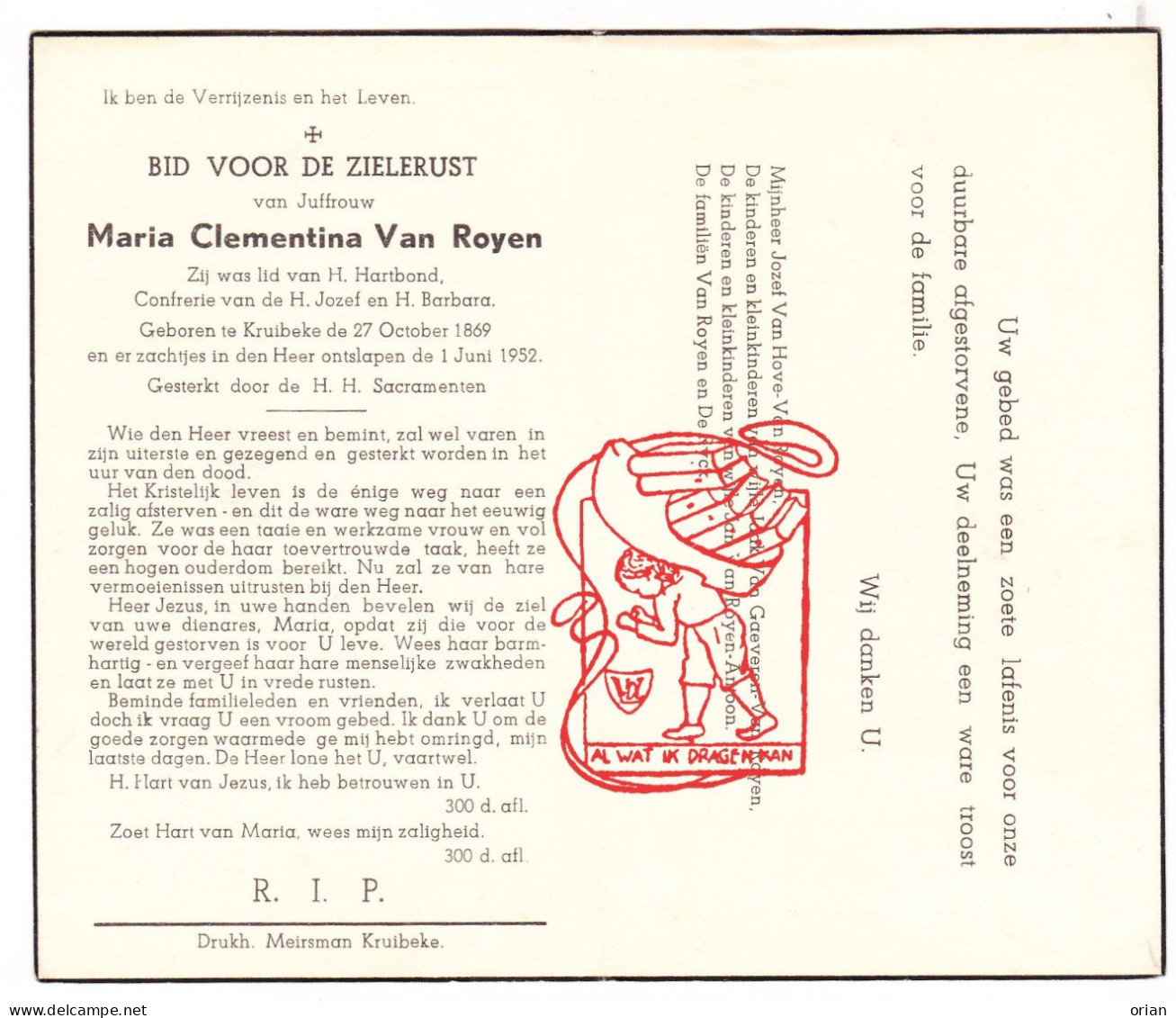 DP Juff. Maria Clementina Van Royen ° Kruibeke 1869 † 1952 Van Hove Van Gaeveren Antoon De Ryck - Andachtsbilder