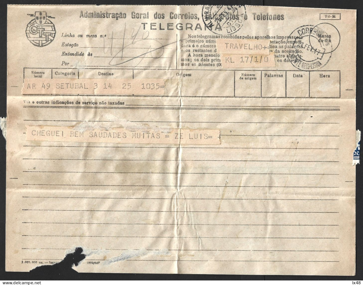 Telegram With Double Obliteration Of 'Almirante Reis, Lisbon 1947'. Telegrama Com Dupla Obliteração De 'Almirante Reis, - Lettres & Documents