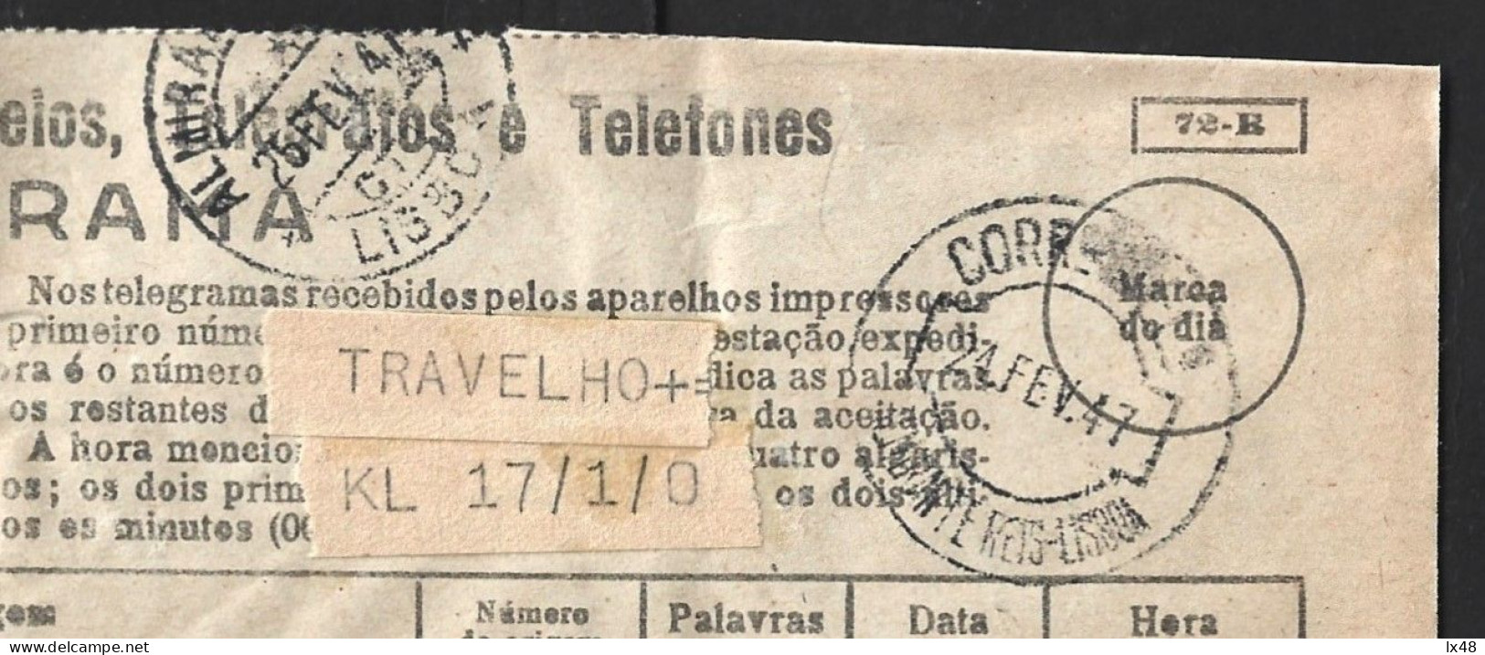 Telegram With Double Obliteration Of 'Almirante Reis, Lisbon 1947'. Telegrama Com Dupla Obliteração De 'Almirante Reis, - Briefe U. Dokumente