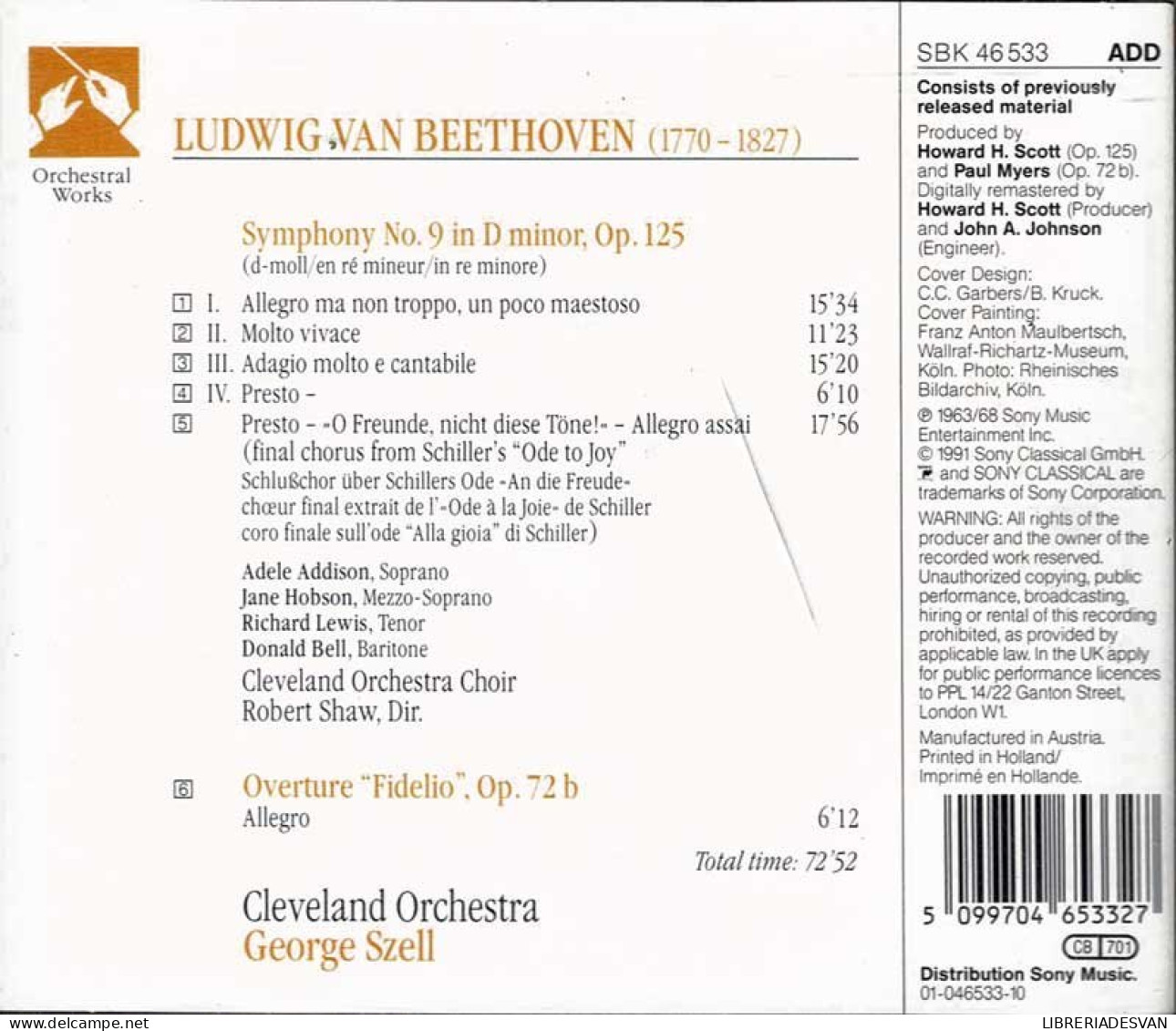 Beethoven - Symphony No. 9 Choral / Fidelio Overture. CD - Klassiekers