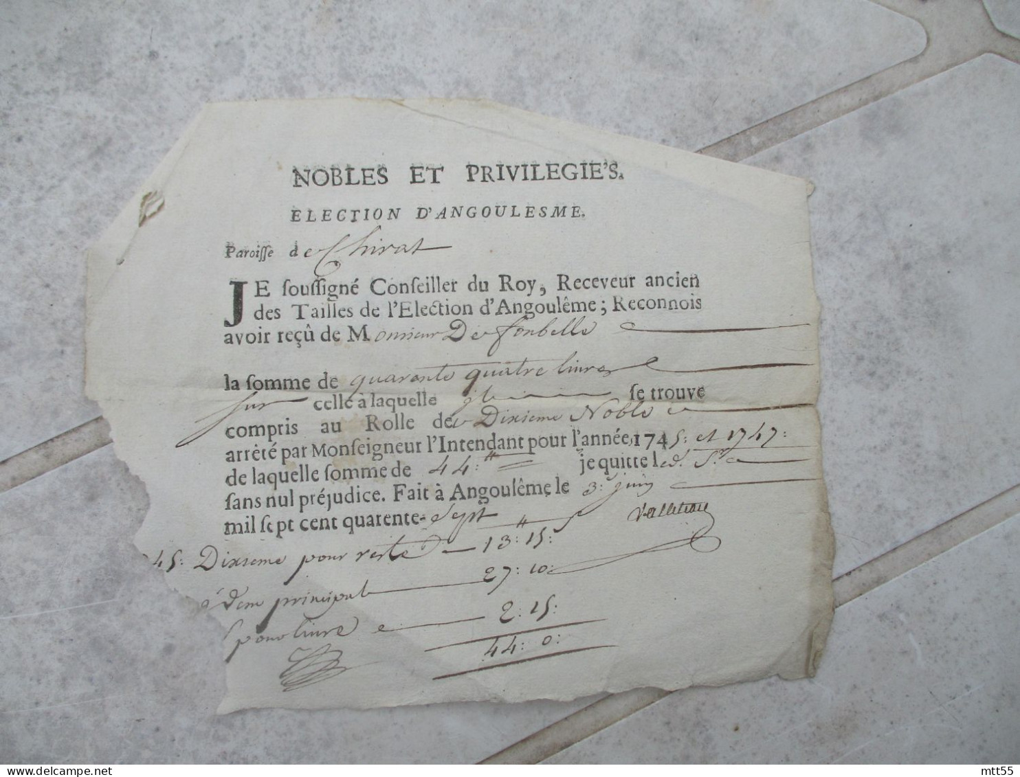 1747 ET 48  NOBLES ET PRIVILEGIE'S ELECTION ANGOULEME  RECEVEUR TAILLES LOT DE 2 RECU - Historical Documents