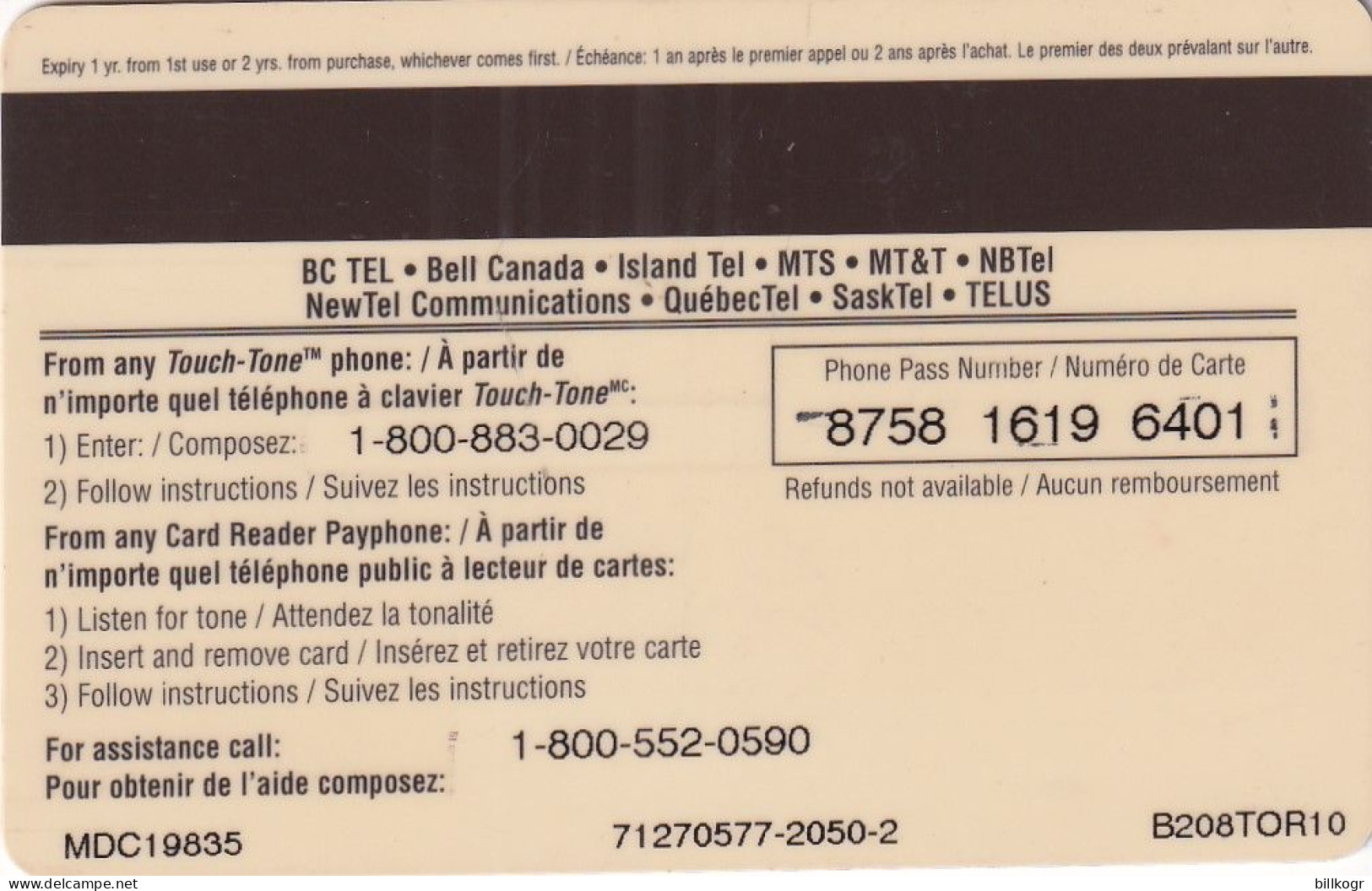 CANADA - Toronto, Bell Magnetic Prepaid Card $10, Used - Kanada