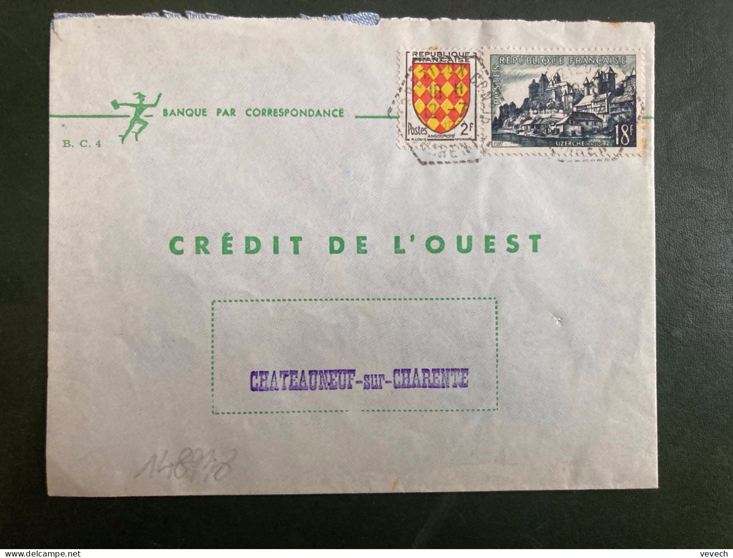 LETTRE TP UZERCHE 18F + ANGOUMOIS 2F OBL. HEXAGONALE Tiretée 12-7 1957 BARBEZIEUX CP N°16 CHARENTE (16) + EXP - Cachets Manuels