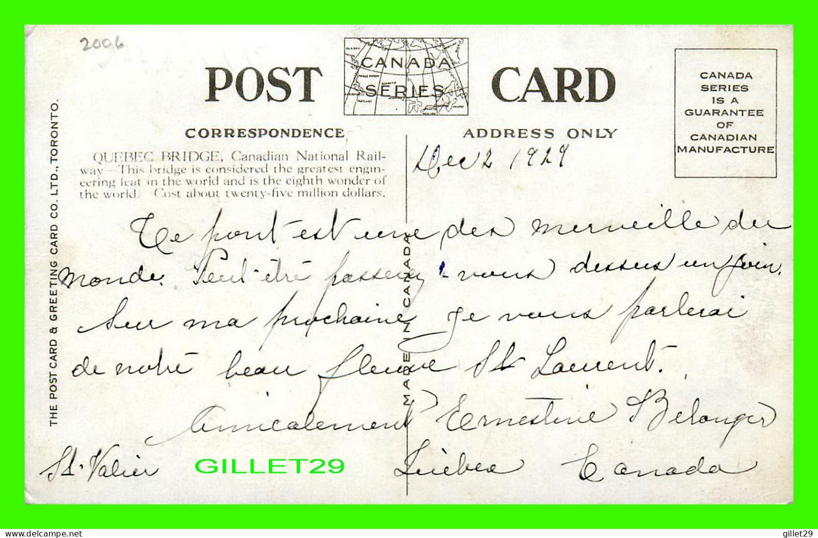 QUÉBEC,  LE PONT DE QUÉBEC - CIRCULÉE EN 1929 -  THE POSTCARD & GREETING CARD CO LTD - - Québec - La Cité