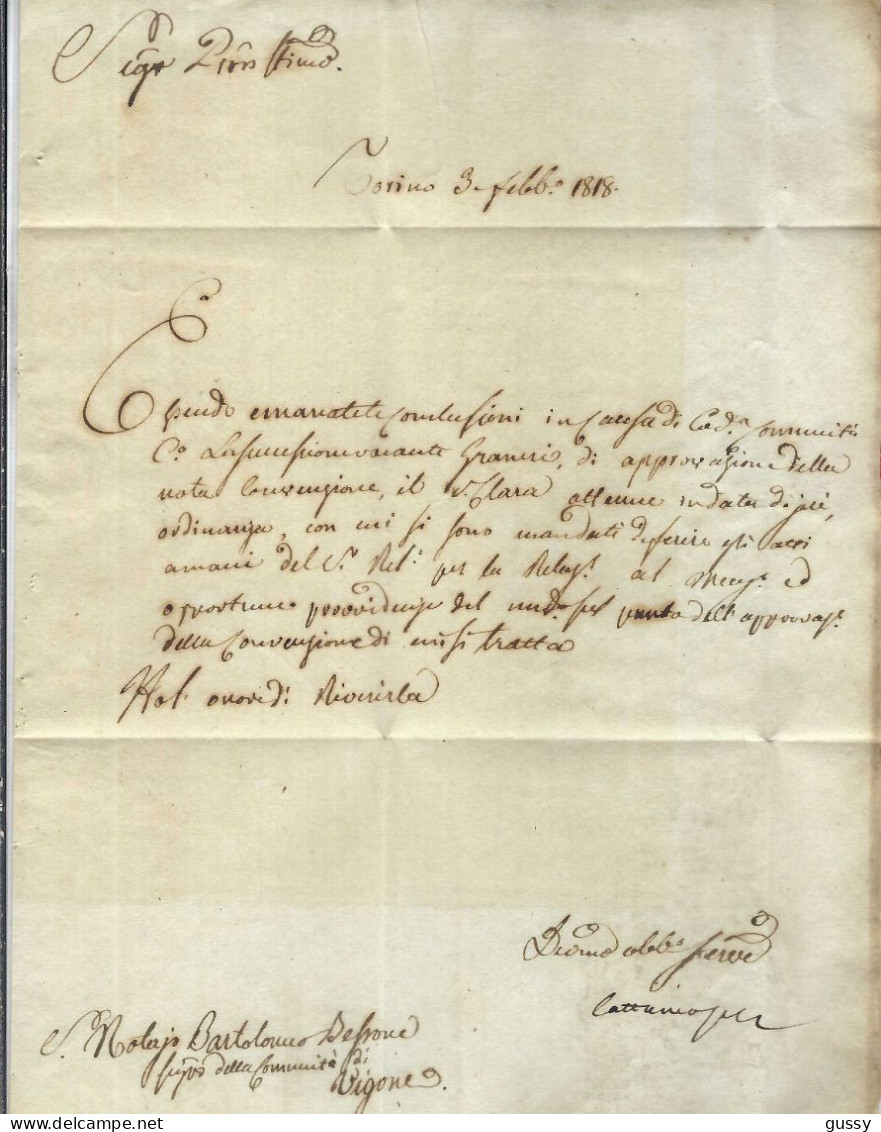 ITALIE Préphilatélie 1818: LAC De Torino Pour Vigone Taxée 2 - 1. ...-1850 Vorphilatelie