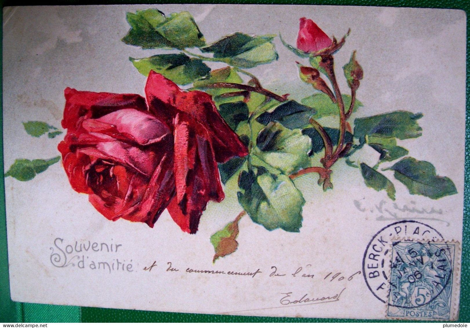 Cpa  FLEURS , TIGE De ROSES ROUGES , Gaufrée, Signée C KLEIN , 1906 , RED ROSE A/s EMBOSSED EARLY PC - Klein, Catharina