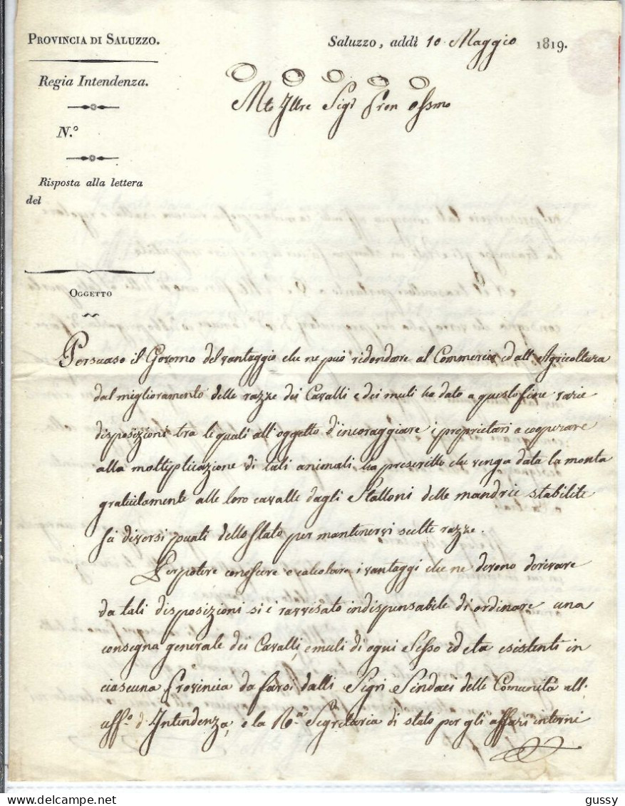 ITALIE Préphilatélie 1819: LAC Officielle De Saluzzo Pour Frassino En Franchise - ...-1850 Préphilatélie