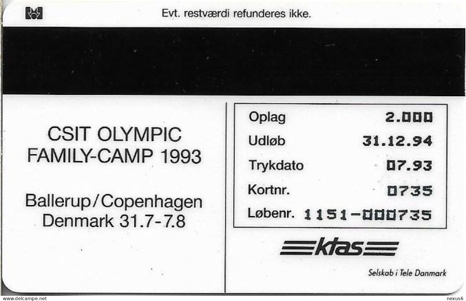 Denmark - KTAS - Csit Olympic Family Camp - TDKS017 - 07.1993, 50kr, 2.000ex, Used - Dinamarca