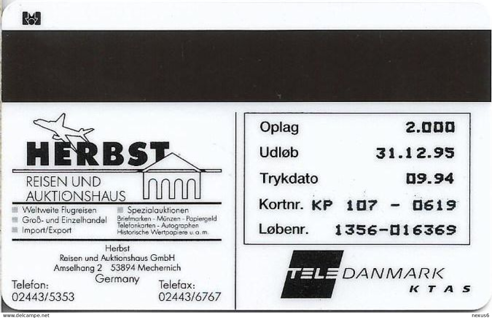 Denmark - KTAS - Herbst Travel & Auctions 6 - TDKP107 - 09.1994, 5kr, 2.000ex, Used - Dinamarca
