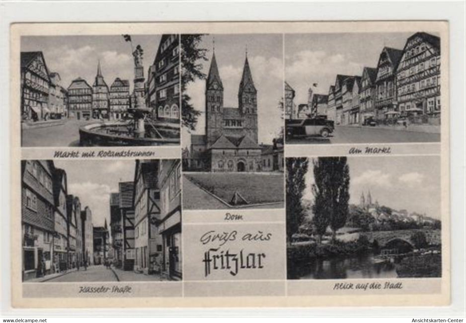 39086607 - Fritzlar. Markt Rolandsbrunnen Dom, Ein Blick Auf Die Stadt Kasseler Strasse Gelaufen, 1956. Marke Entfernt, - Fritzlar