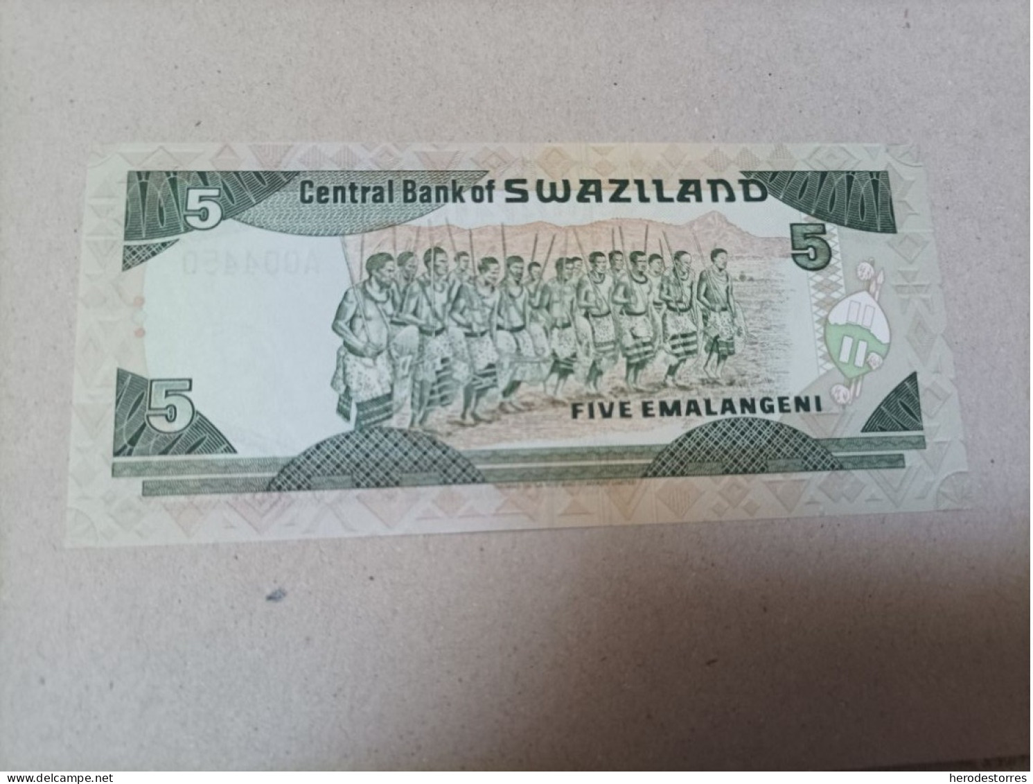 Billete Swaziland, 5 Emalangeni, Serie A, Nº Bajisimo 004450, Año 1987, UNC - Swaziland
