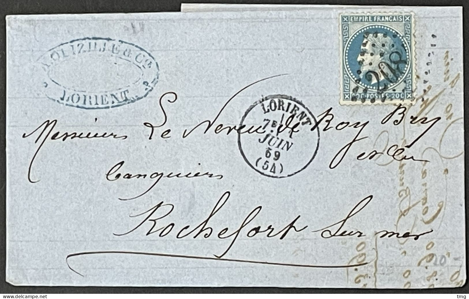 Lettre 29B LGC 2084 Lorient Morbihan (54) Indice 1 Rochefort-sur-Mer Quimper Nantes La Rochelle 01.06.1869 France– 8ciel - 1849-1876: Klassieke Periode