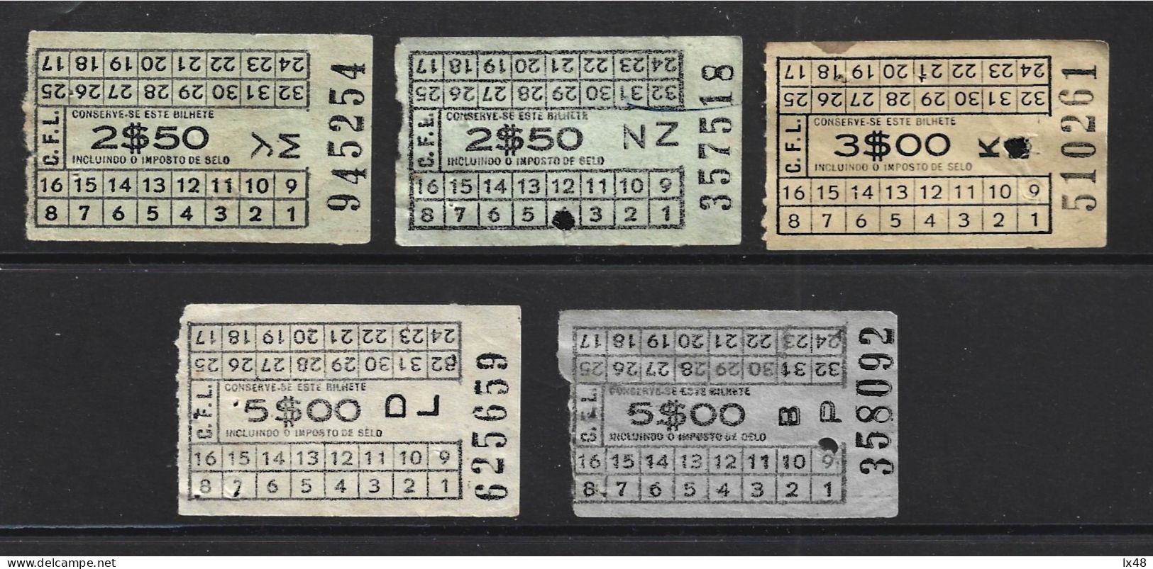 Carris 1950 Lisbon Railway Tickets. 5 Tickets Various Colors 2$50, 3$00, 5$00. Carris 1950 Lissabon-Bahntickets. 5 Ticke - Europa