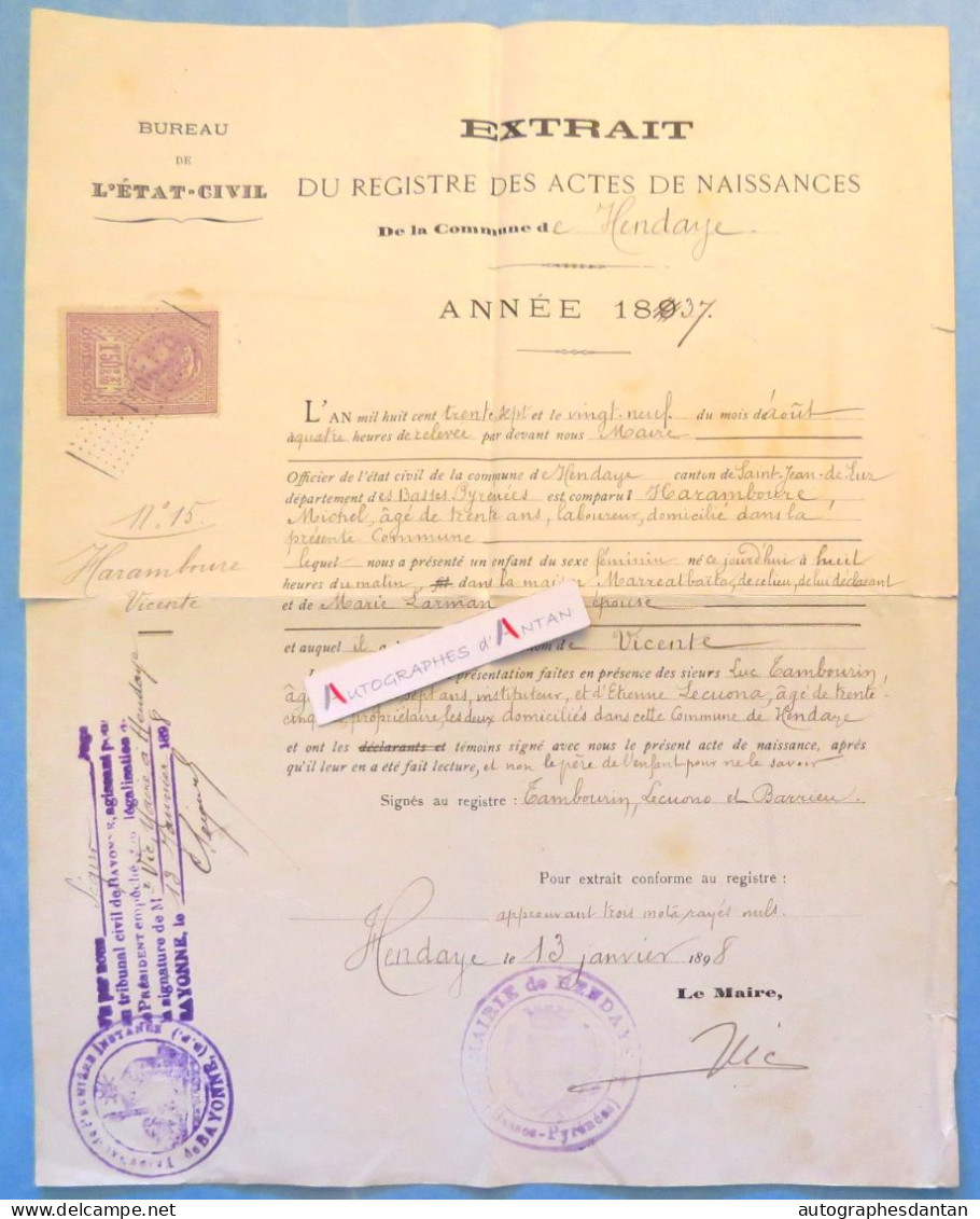 ● HENDAYE 1898 Michel HARAMBOURE Laboureur - Larman - Vicente - Marreatbaita - Extrait Naissance Basses Pyrénées - Historical Documents