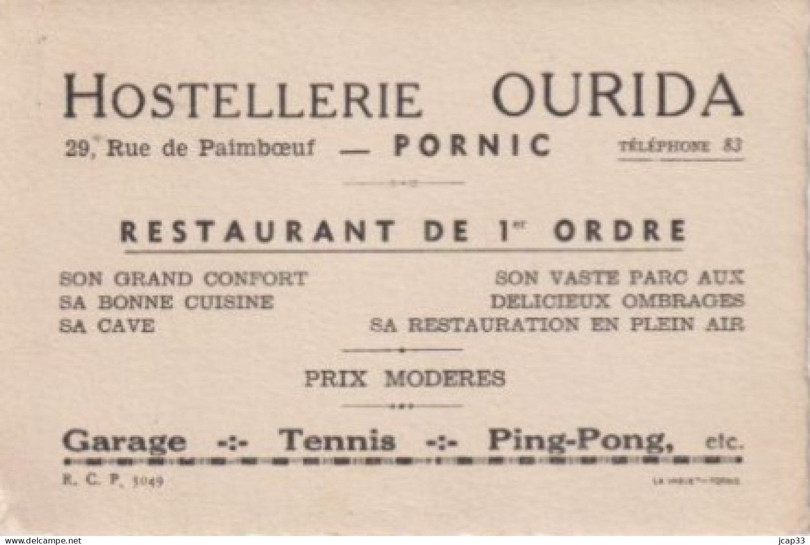 44 PORNIC  -  HOSTELLERIE OURIDA 29 Rue De Paaimboeuf  -  CARTON PUBLICITAIRE  - - 1950 - ...