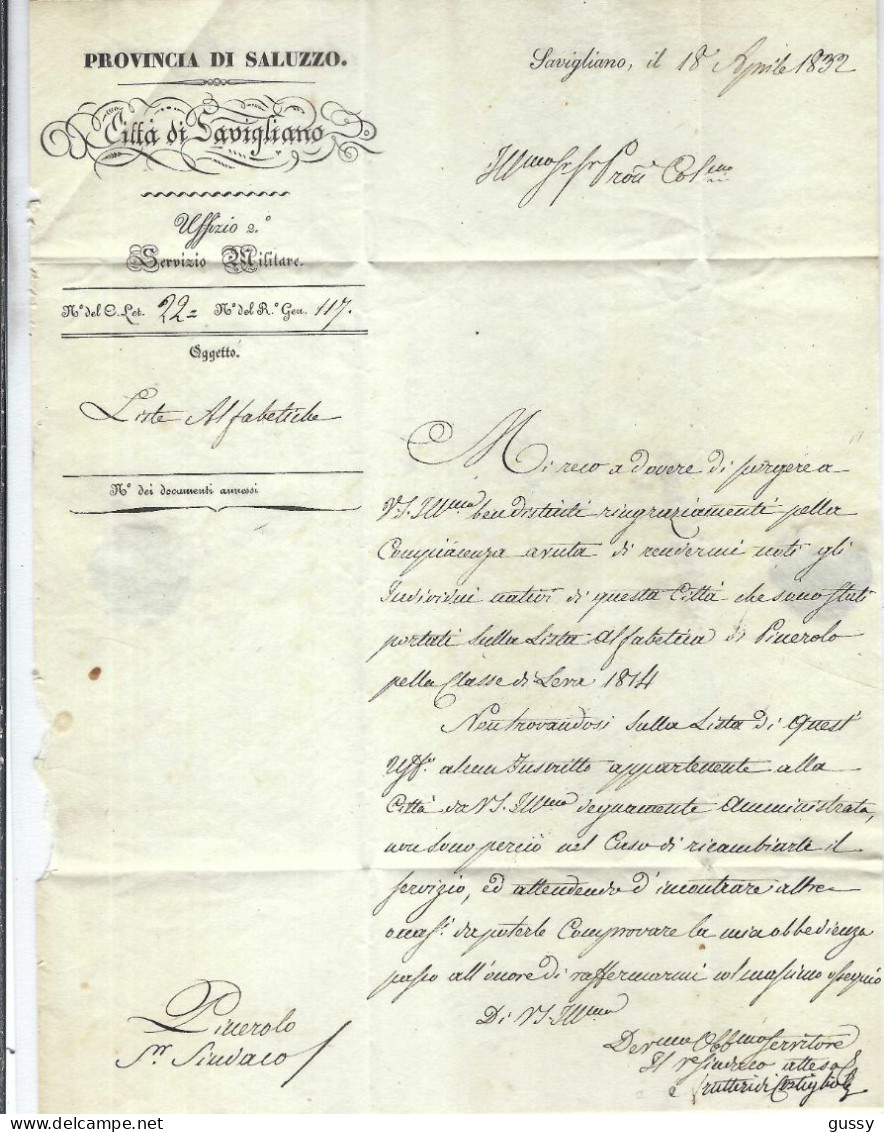 ITALIE Préphilatélie 1832: LAC De Savigliano Pour Pinerolo Taxée 4 - 1. ...-1850 Vorphilatelie